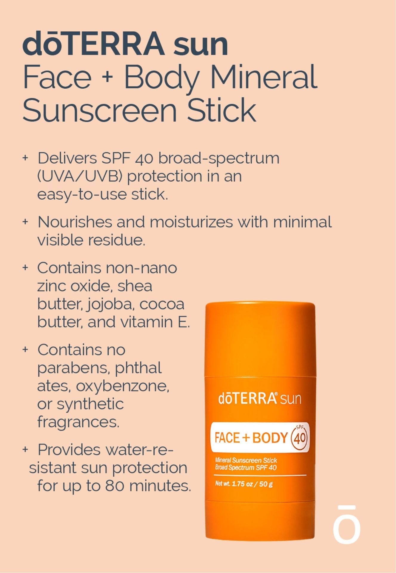 dōTERRA sun® Face + Body Mineral Sunscreen Stick, Convenient stick for sun protection with a natural mineral formula.